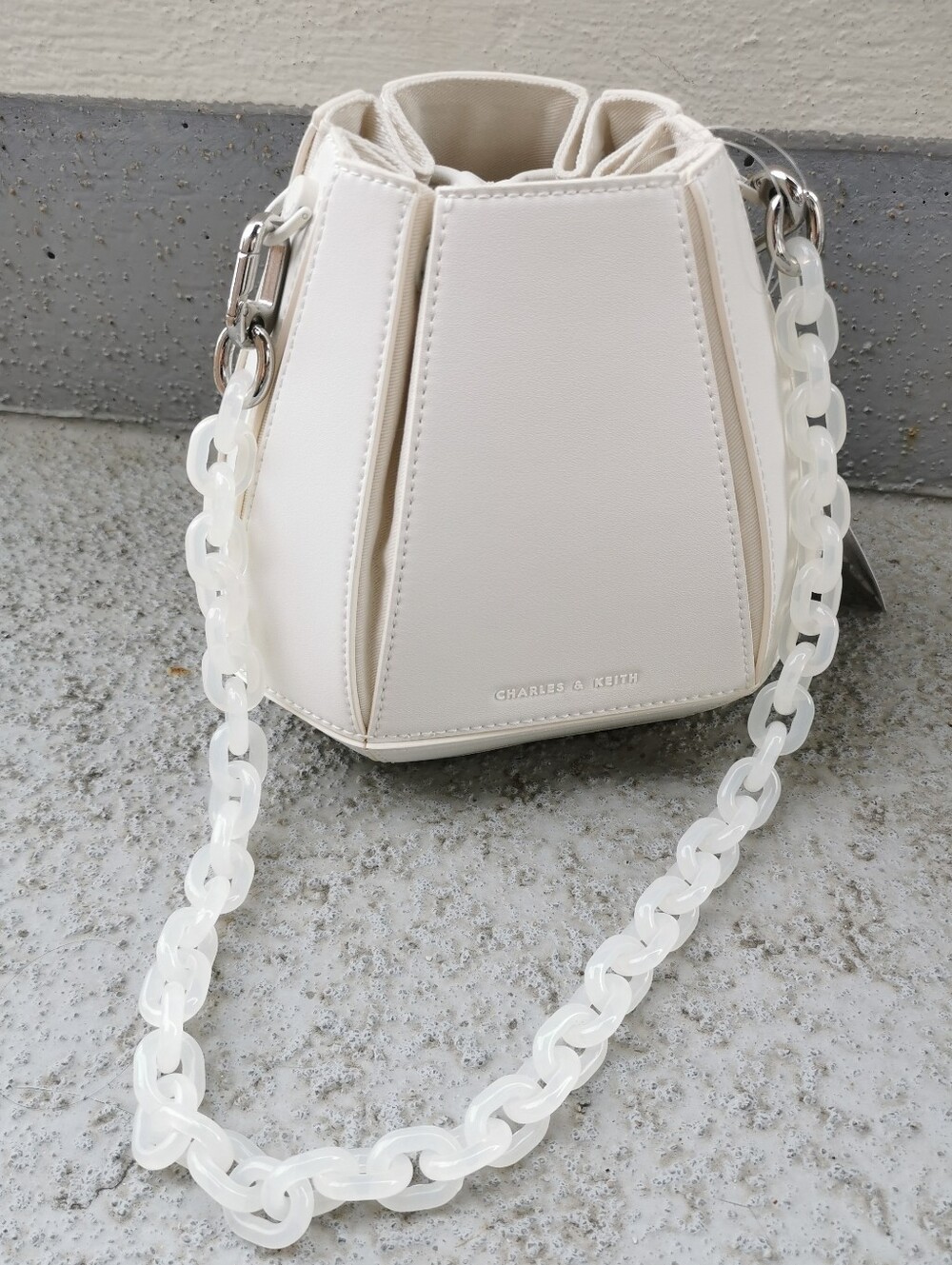 Charles & Keith White Geometric Structured Bucket Bag with Chain Handle
